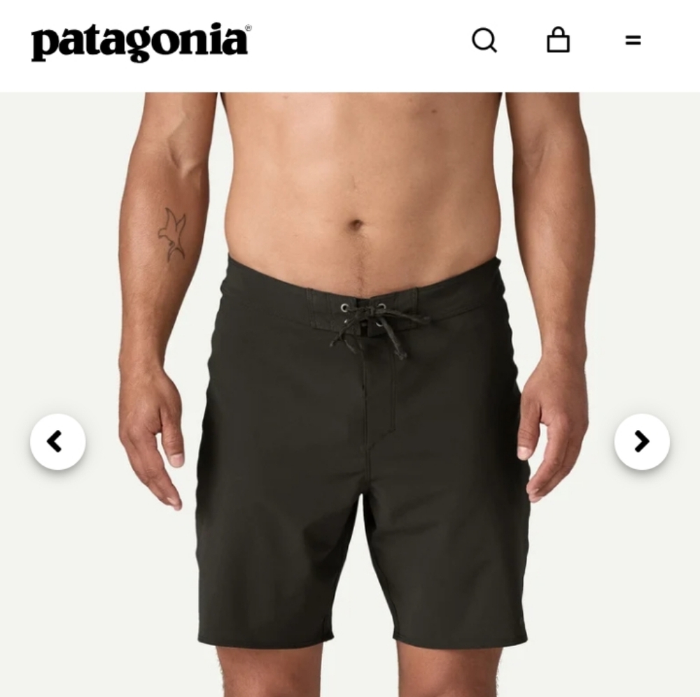 LIKE-NEW: PATAGONIA, MENS HYDROPEAK BOARDSHORTS, 18", BLACK.